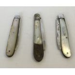 3 silver bladed fruit knives with mother of pearl handles (1 a/f) Sheffield 1873 (2) & 1912.