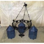 Very large pendant chandelier with 3 blue glass shades. Wrought iron pendant measuring approx