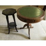 A reproduction leather topped drum table together with a small octagonal carved table.