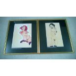 A pair of Egon Schiele prints of nude ladies.