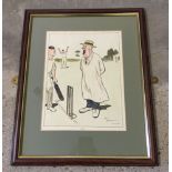 A vintage hand coloured cricket cartoon print by Jim Bateman entitled 'Out'. Visible print size