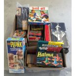 4 boxes of vintaage toys & games to include Thomas the Tank Engine books & jigsaws, Mr Men, Spears