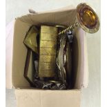 A box of mixed metalware items to include tall brass ashtray and decorative brass & copper covered