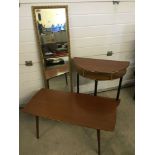 3 retro items to include: mirror, coffee table & semi-circular hall table. Mirror approx 35cm wide x