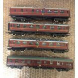 3 Hornby OO gauge LMS coaches with a Mainline maroon BR Buffet Restaurant car.