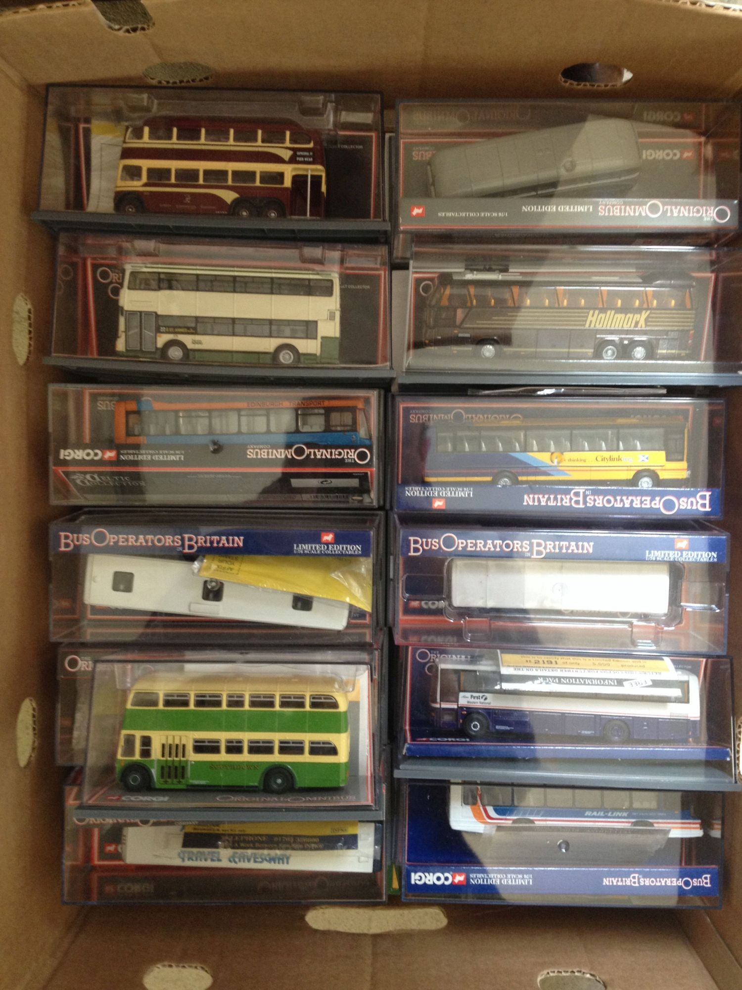 A box of buses & coaches including Corgi Original Amnibus & EFE. Approx 25 models in total.