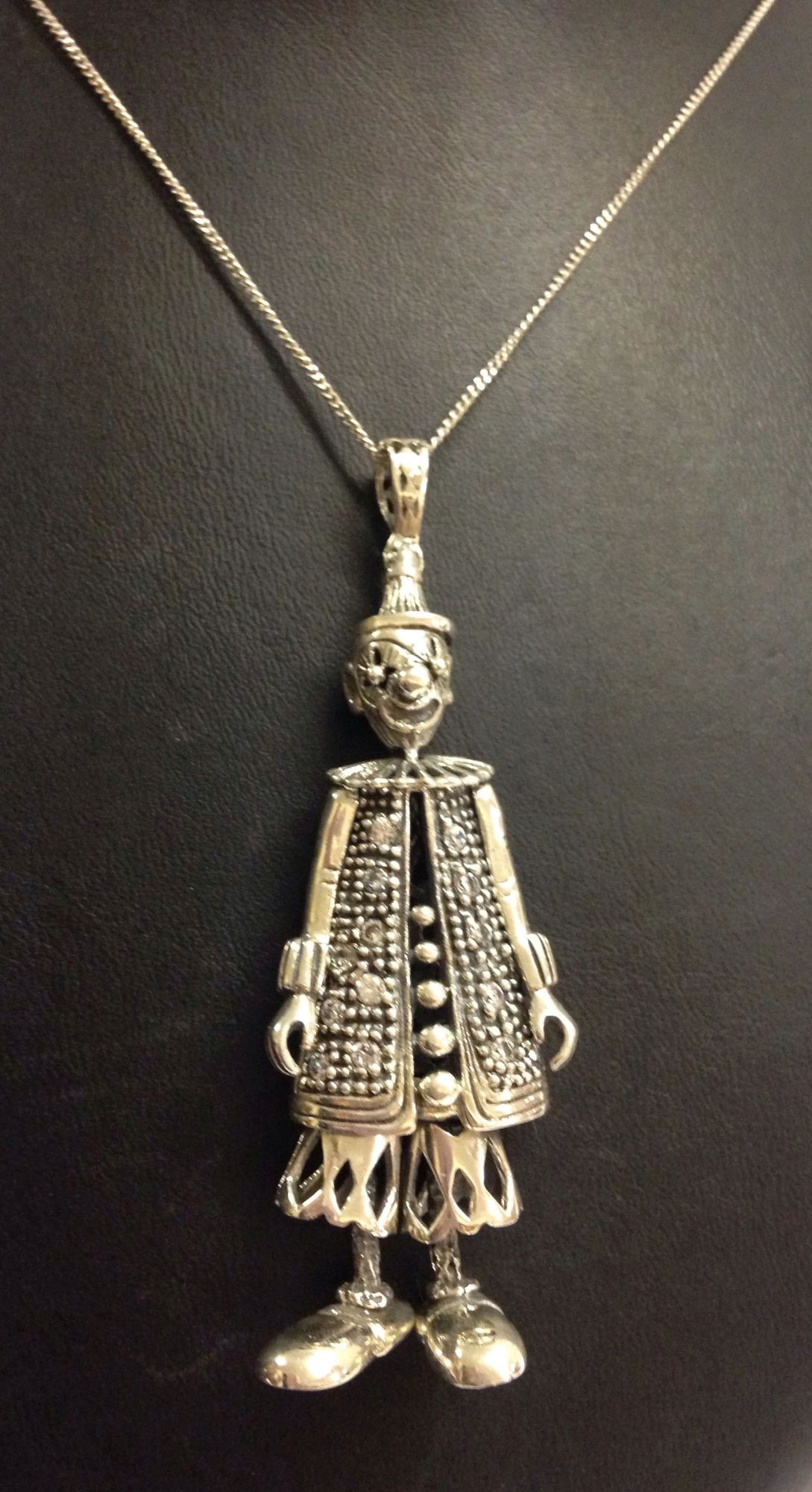 Large 925 silver reticulated clown pendant set with crystals. Measures 7cm long to the top of the