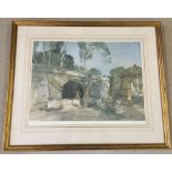 A large William Russel Flint Ltd Edition print of 2 ladies by the entrance to a stone farm