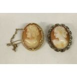 A small cameo brooch set in 9ct gold mount with safety chain together with another cameo brooch in