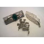 3 x silver brooches comprising of one in a thistle design with marcasite, one in the form of a