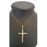 Large yellow & white 9ct gold crucifix with channel set crystals ona 9ct gold chain approx 66cm