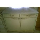 A white metal 2 drawer, 2 door cabinet with marble top