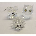 3 Swarovski crystal animals, an owl, a hedgehog and a mouse. Mouse a/f.