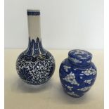 2 items of blue and white oriental ceramics. A vase and ginger jar.