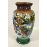 A vintage opaline glass vase with landscape & flower decoration. 30cm tall.