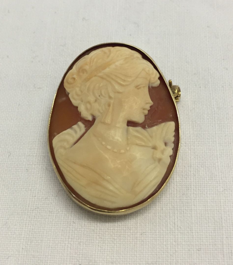 A 9ct gold mounted cameo brooch/pendant. Approx 7.4g