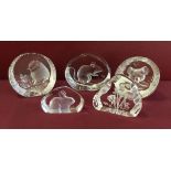 Set of 5 small Scandinavian crystal sculptures by Mats Jonasson to include one boxed - Mouse, Koala,