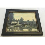 A framed and glazed tinted photograph of Pulls Ferry Norwich, 17 x 12.5cm