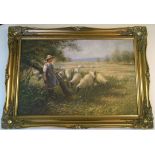 Oil on canvas by D. Long 'Girl Shepherdess & Sheep'. 50 x 75cm gilt frame.