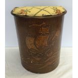 Vintage wooden semi-circular lidded box/stool with galleon decoration to front. Approx 41cm tall