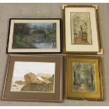 3 watercolours and a pastel. All framed & glazed, largest 41 x 26cm