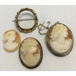 3 vintage cameo brooches ( one a/f ) one silver, one marked 835