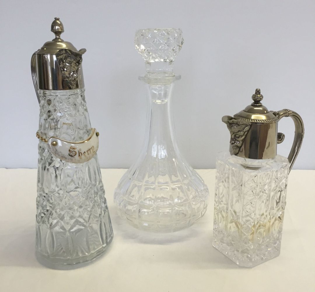 3 pressed glass decanters, 2 with silver plate Bacchus design pourers by Falstaff