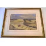 Pastel of farmland with combine harvester. Signed Wood. 20 x 30cm F&G