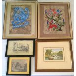 5 F&G paintings and prints, comprising 2 small 19th century pencil sketches, 2 Mexican paintings