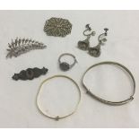 4 items of marcasite jewellery together with a silver sweetheart brooch a/f and 2 childrens bangles