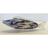 A Murano glass fish, approx 34cm long. Clear glass with shades of red, blue and white