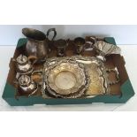 A box of silver plate items to include trays and jugs