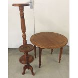 3 pieces of furniture; a pine torchere, a small table with dog carving design to top & a circular