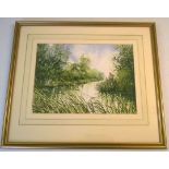 Jonathan Yule - watercolour of a fly fisherman on riverbank. 27 x 37cm. Framed & glazed.