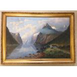 Oil on canvas of a Norwegian Fjord. 20th century. Signed lower right. 60 x 90cm.