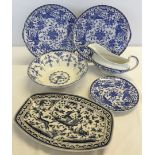 A quantity of blue and white china to include 3 Noritake plates with bird design