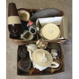 2 boxes of ceramics to include; Royal Doulton character jugs a/f, vases and large cheese dish