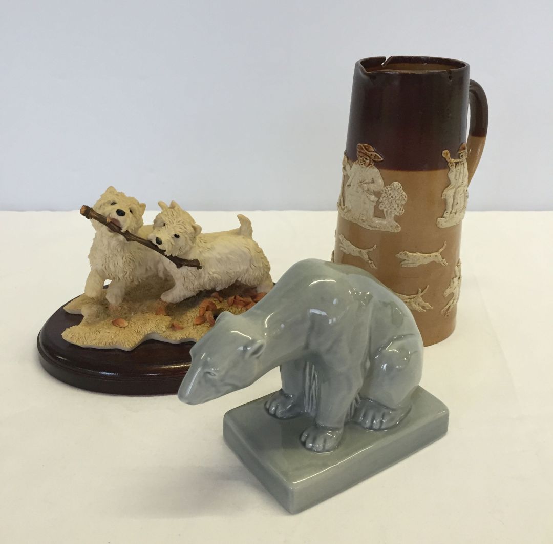 A boxed Wade Polar Bear, a Doulton Lambeth jug and a Sherratt & Simpson figure of 2 Westies