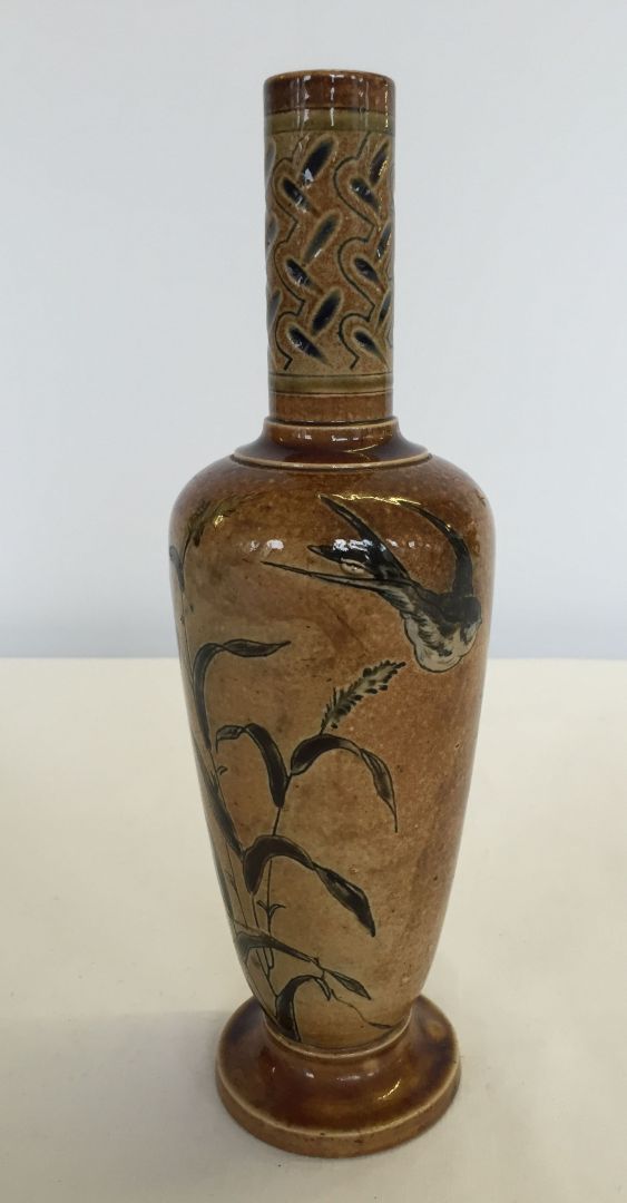 An R. W. Martin ( Martin Brothers ) brown glaze vase designed with swallows, approx 24cm high, Signe