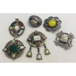 6 Scottish/Celtic design jewellery items to include brooches, pendants and a scarf clip. Set with