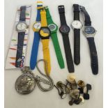 A collection of modern watches to include a pocket watch, together with a bag of shirt studs.