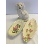 A Victorian ceramic spaniel together with a Brentleigh ware dish and a Maling serving dish.