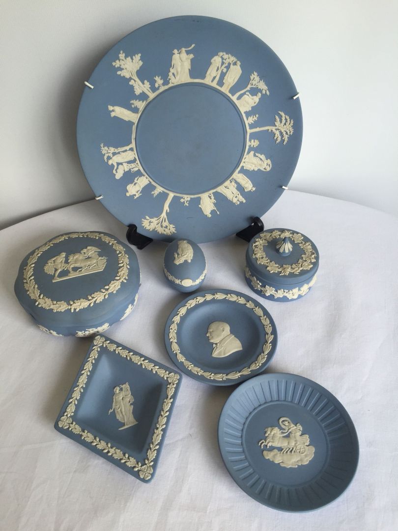 A small collection of Wedgwood to include pin trays and trinket boxes.
