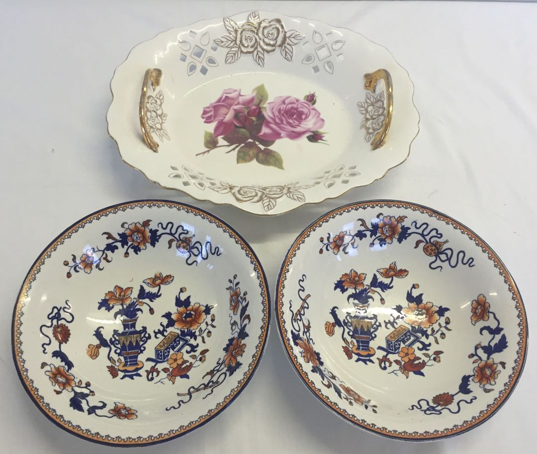 A pair of Japonica serving dishes together with a large 2 handled gilt and rose decoration serving