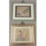 2 chinese painted silk pictures; a girl and a bird.