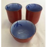 3 oriental tea bowls with blue glaze inner.