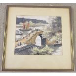 An early 20th century Chinese watercolour of bridge over river with junk. Signed top right. 24 x