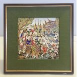 A Thai/Burmese framed ceramic tile with handpainted scene, frame size approx 30 x 30 cm.