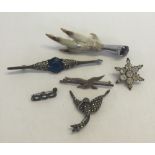 A small collection of brooches to include Mizpah, sterling silver and marcasite.