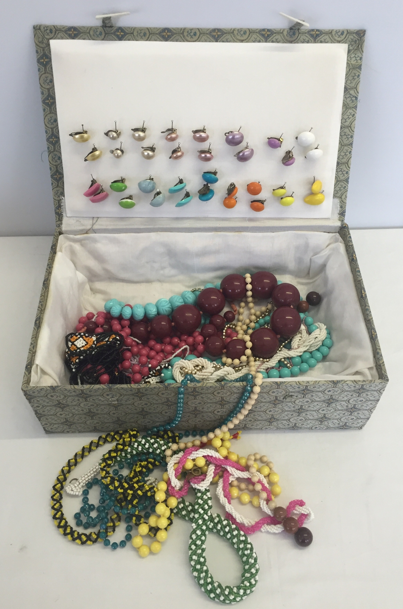 A quantity of costume jewellery (earrings & necklaces) in an oriental box.